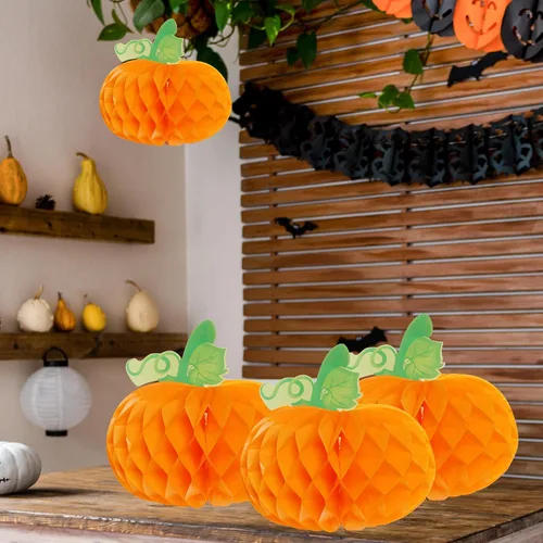 Vista 5 de Sucrain 12 calabazas de panal 3D de calabaza de papel de seda para Halloween, fiesta de Acción de Gracias, suministros de festival de otoño (naranja)