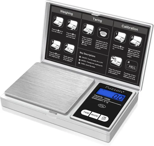 Vista 9 de Fuzion - Balanza digital de bolsillo de gramos. Precisión de 0.1 gramos, báscula pequeña de joyería de 1000 g, mini báscula digital para alimentos