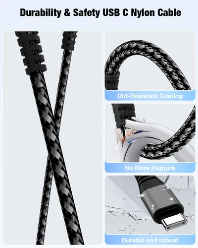 Vista 5 de Cabepow Cable USB C a USB C de 240 W [2 unidades de 6 pies + 10 pies], cable de carga rápida USB C a C, cable trenzado tipo C a tipo C para iPhone