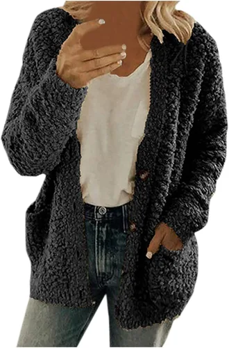 Vista 3 de Blasgw Chaqueta de forro polar mullido para mujer, con botones, con capucha, cómoda, de gran tamaño, con bolsillo