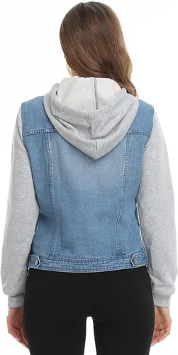 Vista 2 de MISS MOLY Chaqueta de mezclilla con capucha para mujer, con cordón en capas, de manga larga, con 2 bolsillos