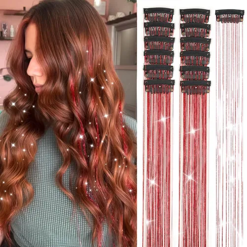 Vista 12 de Ubeleco Kit de oropel para cabello negro de 12 piezas, accesorios de cabello con clip de 52 cm, kit de oropel de pelo de hada para Navidad y Año
