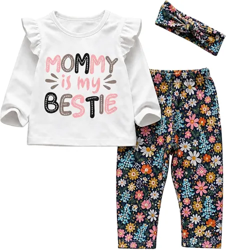 Vista 3 de KuKitty Conjunto de 3 piezas de ropa de bebé niña de manga larga con letras y pantalones casuales y diadema Red-1