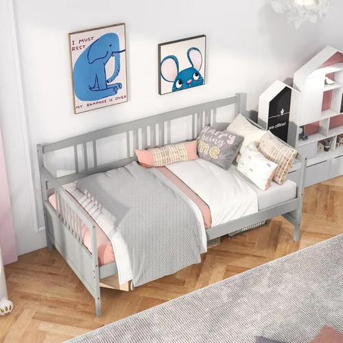 Vista 2 de HOMGX - Marco de sofá cama individual, sofá cama con soporte de listones de madera y rieles, no necesita somier, plataforma de cama de día de doble