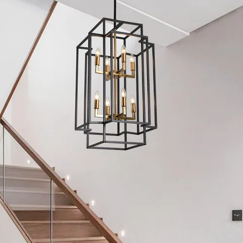 Vista 12 de Candelabro Negro de Granja, Candelabros Grandes para Techos Altos, Lámpara Colgante de Linterna Escalonada de 8 Luces, Accesorios de Iluminación