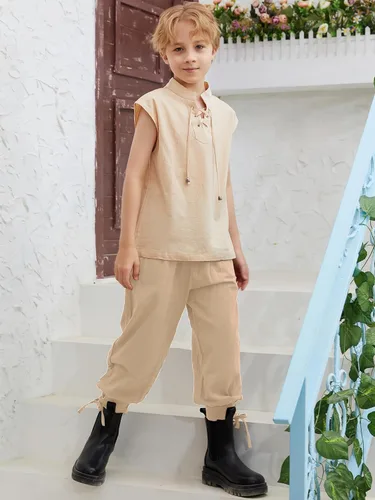 Vista 2 de Pantalones de tobillo medievales para niños, disfraz de pirata vikingo, renacentista, con cordones, con bandas cónicas, pantalones para niños