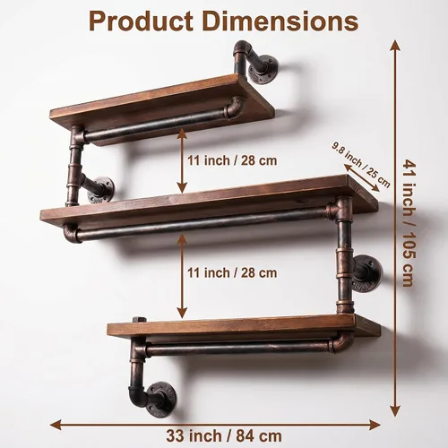 Vista 2 de Estantería de tubo industrial Pipe, madera moderna rústica, 3 estantes de pared de tubos escalonados, tubo de hierro forjado, estantería de diseño