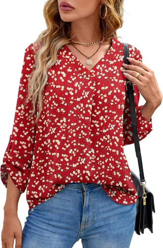 Vista 2 de QUEZHU Blusas de manga 34 para mujer, estilo casual, elegante, de gasa, cuello en V, blusas