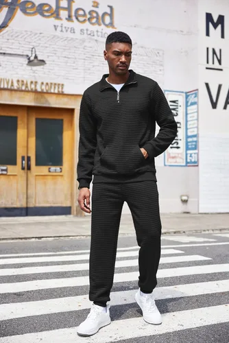 Vista 2 de COOFANDY Conjunto deportivo de 2 piezas para hombre, ajuste relajado, con media cremallera, para correr
