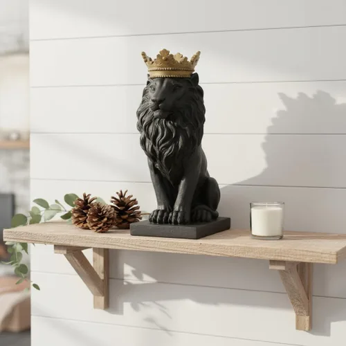 Vista 4 de Comfy Hour 14.6 pulgadas de altura, estatua del noble rey león del bosque con corona dorada, figura decorativa de animal para oficina en casa