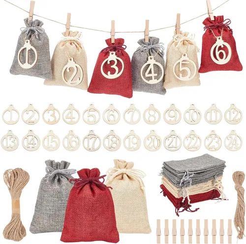 Vista 8 de NBEADS 96 piezas de números de madera para Navidad, 1-24 calendario de Adviento de cuenta regresiva de Navidad, colgantes de números de madera