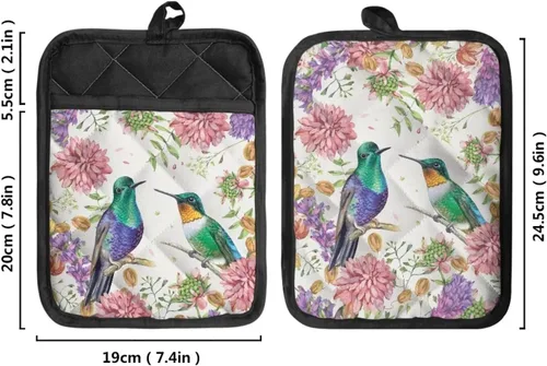 Vista 2 de Gomyblomy Hummingbirds & Flowers - Forro de sartén aislado para mujer, 2 piezas, resistente al calor, con bolsillo, protector de cocina ligero