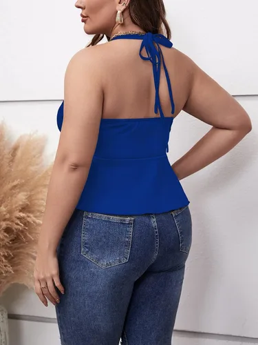 Vista 2 de SHENHE Camiseta sin mangas con cuello en V para mujer, talla grande, sin espalda, dobladillo asimétrico, halter