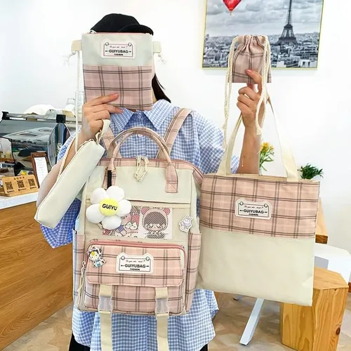 Vista 3 de Mochila japonesa linda para mujer, 5 unidades, diseño a cuadros, diseño de dibujos animados, bolsa de viaje, suministros de regreso a clases, bolsa