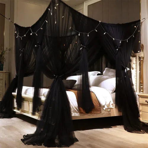Vista 6 de VETHIN - Dosel de cama de 4 esquinas con diseño de princesa, cortina de cama de doble capa con diseño de red acogedora, mosquitero de 4 aberturas