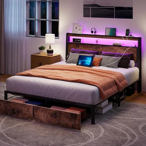 Vista 7 de SADENICEL Base de cama de tamaño matrimonial con almacenamiento, plataforma de cama de madera LED con cabecero, 2 cajones, estación de carga,