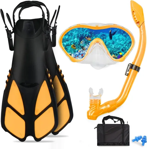 Vista 11 de Juego de esnórquel para niños – Aletas ajustables + máscara de esnórquel panorámica + tubo de esnórquel seco + bolsas de viaje – Adecuado para niños
