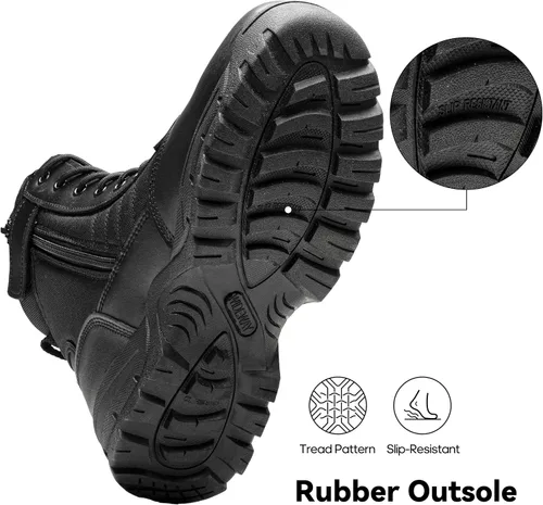Vista 5 de Botas tácticas para hombre, 8 pulgadas, cremallera lateral, botas militares de combate de cuero, botas de trabajo para hombres, policía, motocicleta