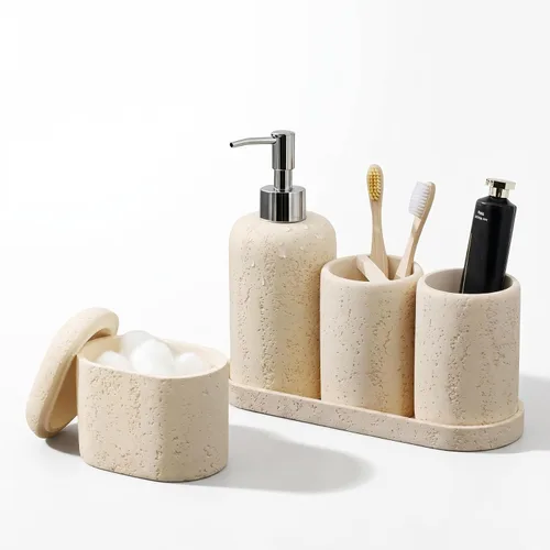 Vista 9 de Juego de accesorios de baño, organizador de baño para encimera, dispensador de jabón y soporte para cepillo de dientes, taza de enjuague bucal