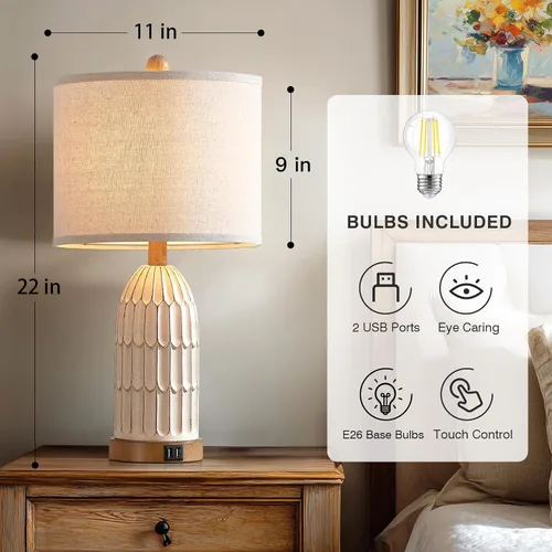 Vista 2 de Touch Table Lamp for Bedroom Nightstand, Cream Farmhouse Vintage Rustic 3-Way Dimmable Bedside Lamps with 2 USB Charging Ports,Single Cream