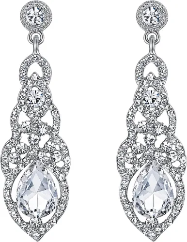 Vista 11 de BriLove - Pendientes colgantes de novia con diseño de lágrima, estilo Art Deco, huecos y de candelabro para mujer negro (Black Black-Tone)