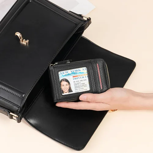 Vista 2 de RNIEGA Cartera pequeña para tarjetas de crédito, ligera, de cuero vegano, acordeón con cremallera, cartera para tarjetas de moda Rfid para mujer