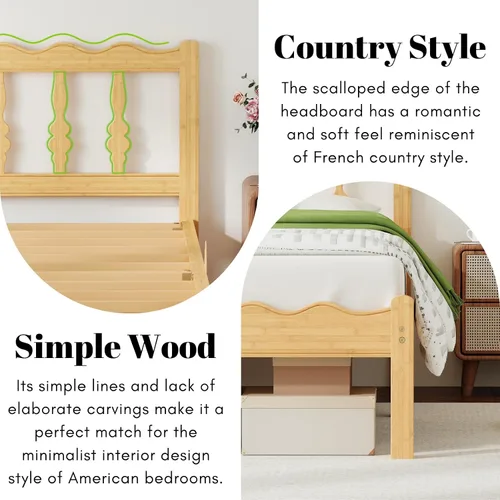 Vista 3 de Marco de cama matrimonial de bambú con cabecero, plataforma de madera maciza de 12 pulgadas, marcos de cama tamaño matrimonial con listones