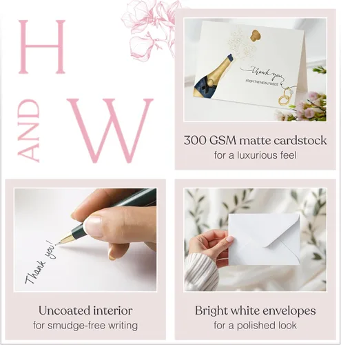 Vista 5 de 50 tarjetas de agradecimiento de boda del nuevo Sr. y Sra. Tarjetas de agradecimiento a granel de 4 x 6 pulgadas con sobres, notas de agradecimiento