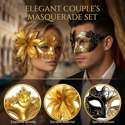 Vista 3 de 2 máscaras doradas para parejas, media máscara veneciana