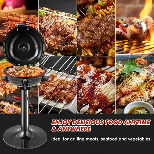 Vista 7 de ORALNER Parrilla eléctrica para barbacoa con soporte, rejilla de calentamiento y bandeja de goteo, parrilla eléctrica de 15 porciones