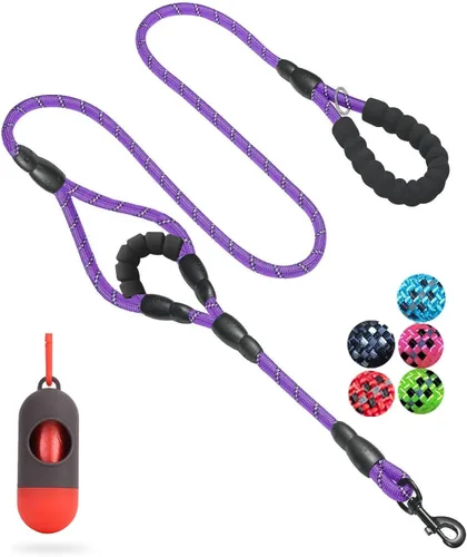 Vista 16 de JSXD Correa resistente de doble asa para perro, 5 pies, acolchada y reflectante, cuerda para perros pequeños a grandes (negro)