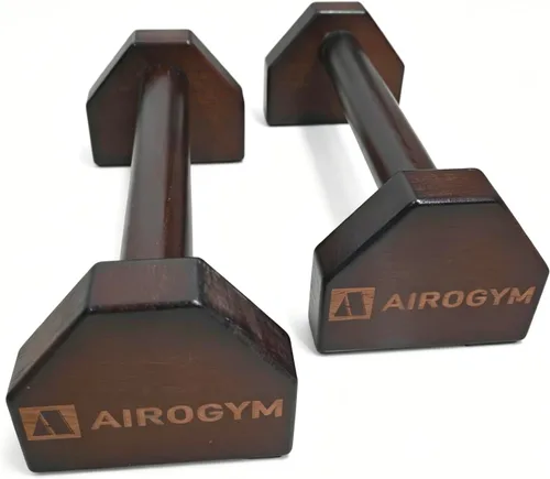 Vista 10 de Soporte de flexión, 2 barras de madera para flexiones, base antideslizante, equipo de entrenamiento en casa, 11.8 pulgadas, mango de paraletas