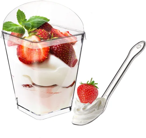 Vista 8 de 100 Pack Plastic Dessert Cups with Spoons, 5 oz Clear Small Mini Dessert Cups with Spoons, Dessert Shooter Cups for Party, Plastic Parfait Cup