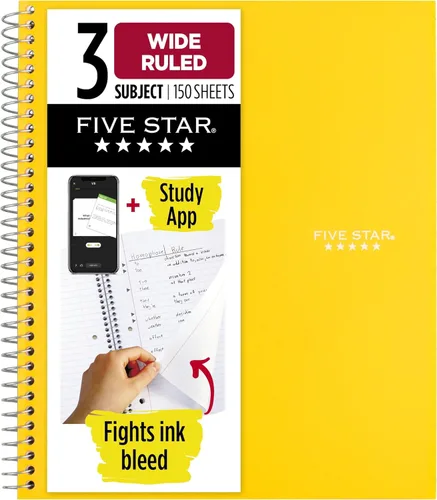 Vista 20 de Five Star, cuaderno en espiral, 3 materias, con papel rayado ancho, 150 hojas, 10-1/2 x 8 pulgadas, Amarillo
