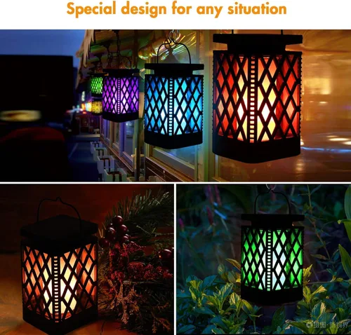 Vista 7 de Faroles solares colgantes que cambian de color y fijas, 9 modos, impermeables, luces colgantes para exteriores, llama parpadeante, linternas