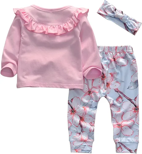 Vista 2 de KuKitty Conjunto de 3 piezas de ropa para bebé niña camiseta de manga larga pantalones con diadema