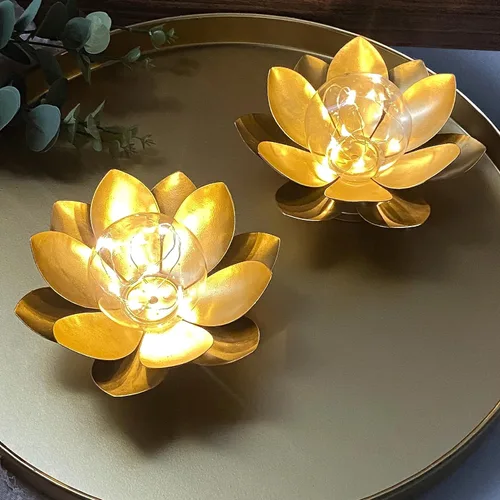 Vista 5 de JHY DESIGN - Juego de 2 lámparas de mesa de loto dorado alimentadas por batería, lámpara inalámbrica de 15 cm de altura, con batería operada, ideal