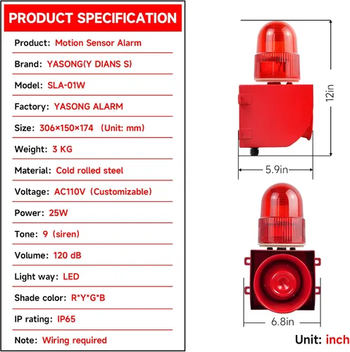 Vista 6 de Sensor de movimiento sirena de alarma 120dB cuerno ajustable impermeable LED luz estroboscópica sirena detector de movimiento sistema de alarma
