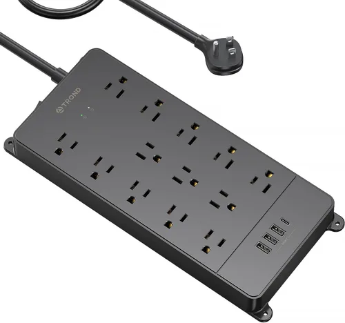 Vista 23 de TROND - Alargador de corriente con enchufe plano giratorio 360°, protector contra sobretensiones, 13 tomas amplias con 3 puertos USB C, 4000 J