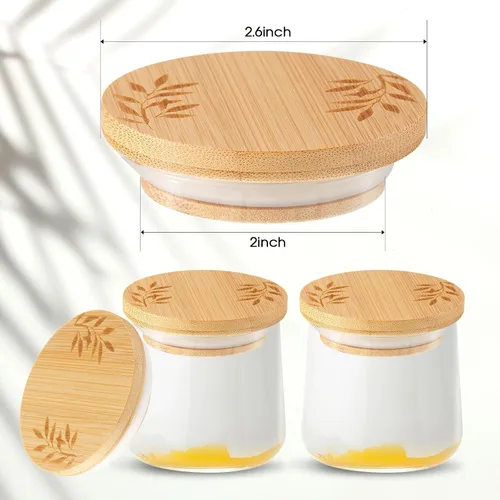 Vista 2 de Juego de 6 tapas para tarros de yogur compatibles con tarros de yogur Oui, tapas de madera de bambú, tapas redondas reutilizables con anillos
