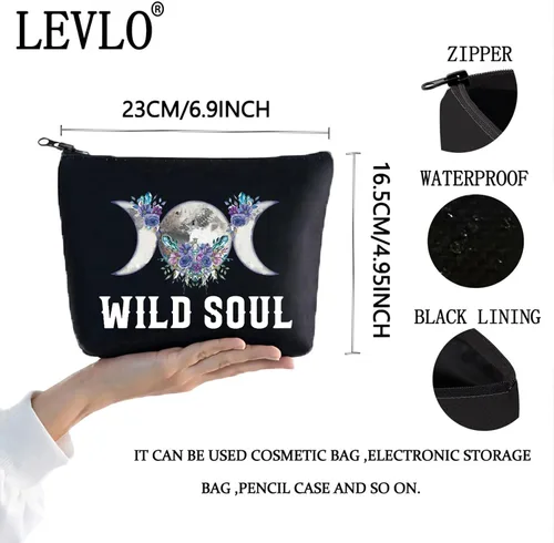 Vista 2 de LEVLO Bolsa de maquillaje cosmética de fase lunar, regalo de bruja luna, bolsa de maquillaje con cremallera para mujeres y niñas, Alma salvaje