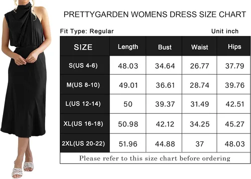 Vista 5 de PRETTYGARDEN Vestido de verano sin mangas para mujer, de satén, cuello alto, drapeado, con un hombro recortado, vestidos casuales de fiesta