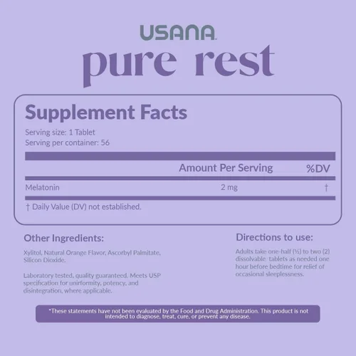 Vista 2 de USANA Suplemento de melatonina Pure Rest para apoyo al sueño* - Acción rápida - Sin azúcar - 56 tabletas
