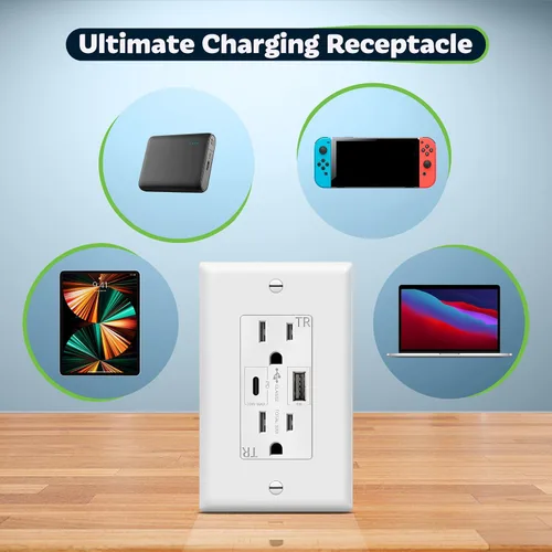 Vista 7 de TOPGREENER Toma USB, toma de pared USB tipo C con 36 W Power Delivery, receptáculo dúplex resistente a manipulaciones de 15 A, salida USB C