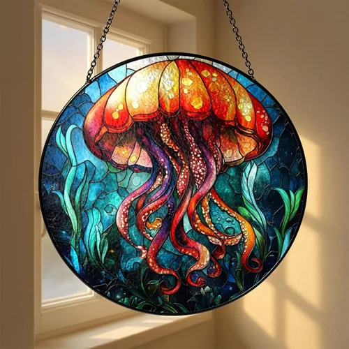 Vista 3 de Real Glass Jellyfish Christmas Ornament, Stained Glass Style Sea Life Art