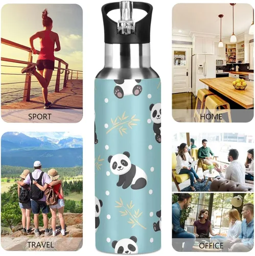 Vista 5 de Cute Cartoon Pandas Poses Insulated Stainless Steel Water Bottle with Straw 20 Oz, BPA-Free Sports Water Bottle with Straw Leakproof Water Bottles