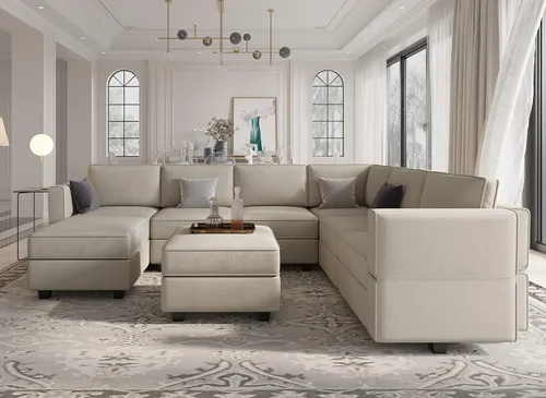 Vista 3 de Belffin Sofá modular con asiento de almacenamiento, sofá grande en forma de U con sofá reversible de terciopelo con tumbona gris otomana