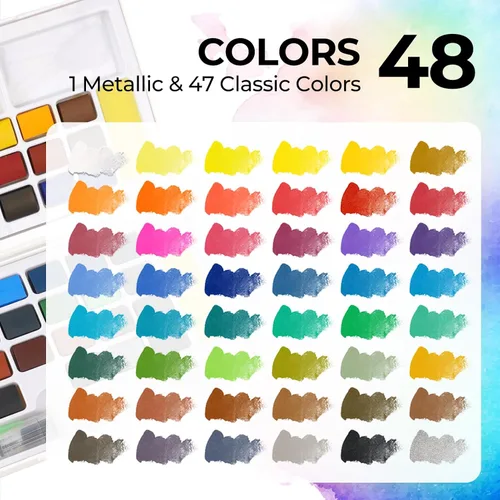 Vista 3 de Funto Juego de pintura de acuarela, 48 colores, bloc de tutorial, 8 pinceles, pincel de agua y más, juego de pintura para adultos, principiantes