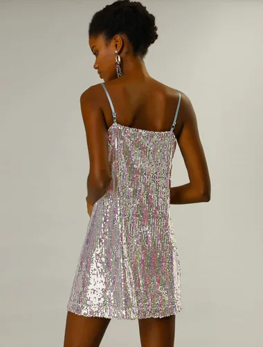 Vista 6 de Allegra K Vestido corto con lentejuelas, tirantes delgados, brillantina y cuello en V para mujer, fiesta, club y Halloween