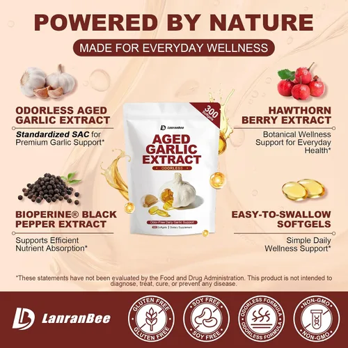 Vista 3 de Cápsulas blandas de extracto de ajo envejecido de 750 mg, suplemento de ajo inodoro, estandarizado para S-alil cisteína (SAC), fórmula madura de 24